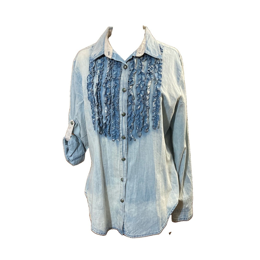 Tasha Polizzi Denim Western Shirt Sz L NWOT Blue Chambray Ruffles Roll Tab